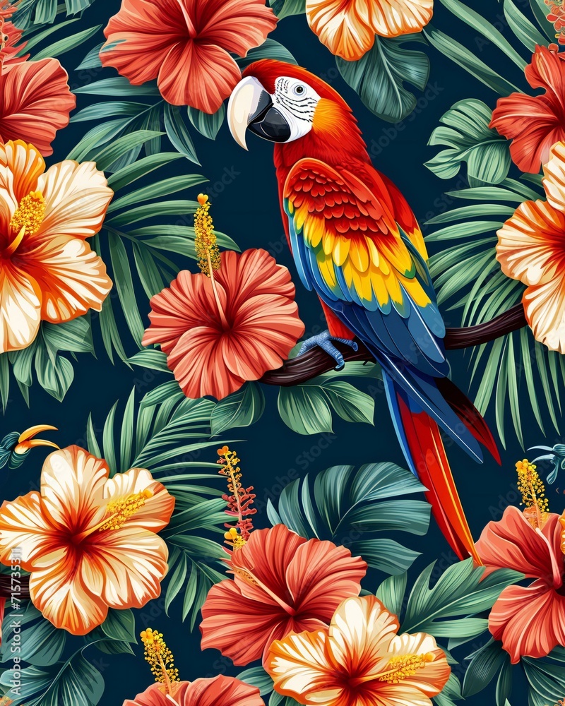 a colorful parrot sitting on top of a tree branch, wallpaper design, tropical birds, tropical flowers, tropical background, elegant tropical prints, floral wallpaper, dark flower pattern wallpaper,