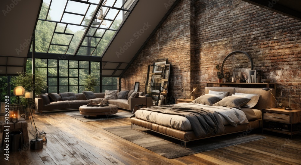 A cozy and modern studio bedroom with a rustic brick wall, plush furniture including a comfortable couch and loveseat, and a large window that lets in natural light, creating a peaceful and inviting 
