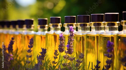 Several transparent glass bottles filled with lavender water and stoppered. Lavender flowers. Jar with aromatic oil. Spa and aromatherapy. Illustration for cover, postcard, brochure or advertisement.