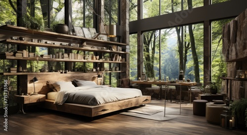 A cozy bedroom with a stunning view of a tree through the large window, adorned with stylish furniture, indoor plants, and a wooden shelf displaying decorative pillows, set on a warm wood floor