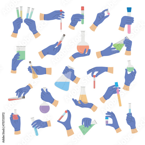 Hands holding chemical tubes. Scientists concept pictures with bacteriologic flasks recent vector flat illustrations