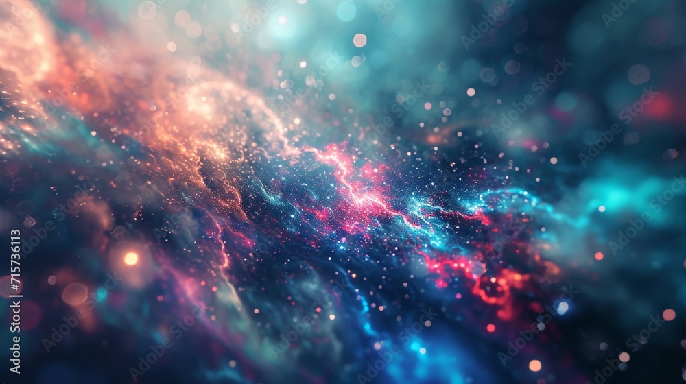 Obraz premium Dark, deep space colors in an abstract blurry background, with swirling defocused lights resembling distant galaxies.
