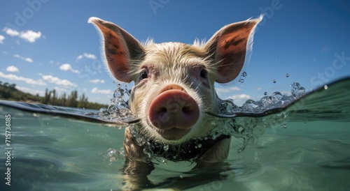A curious domestic pig floats in the clear blue sky, its snout playfully breaking through the surface of the glistening water as it enjoys a refreshing swim in the great outdoors