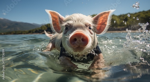 A content domestic pig happily paddles in the serene lake, surrounded by the vast sky and the calming sounds of nature