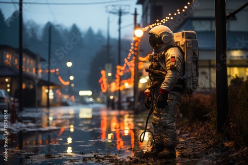 A lone astronaut, illuminated by the fiery glow of a burning city, stands amidst the rain-soaked streets as a symbol of courage and hope in the face of disaster © Larisa AI