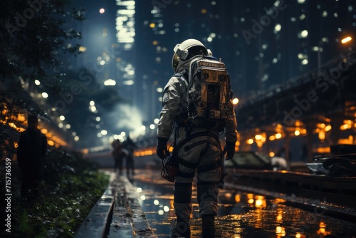 A lone astronaut braves the rain-soaked streets of the city, their suit a shining beacon of light in the dark night © Larisa AI