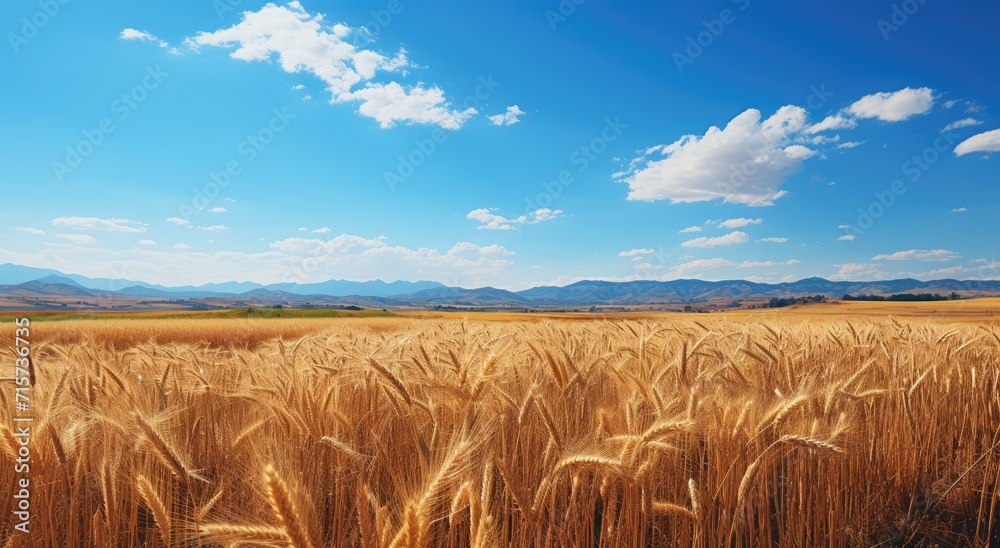 Amidst a vast prairie, a golden field of wheat stands tall, embraced by the rugged beauty of mountains, painting a serene picture of nature's bountiful harvest