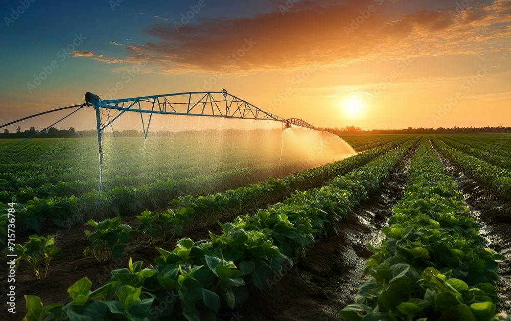 Crops field poster. Irrigation system on agricultural soybean field