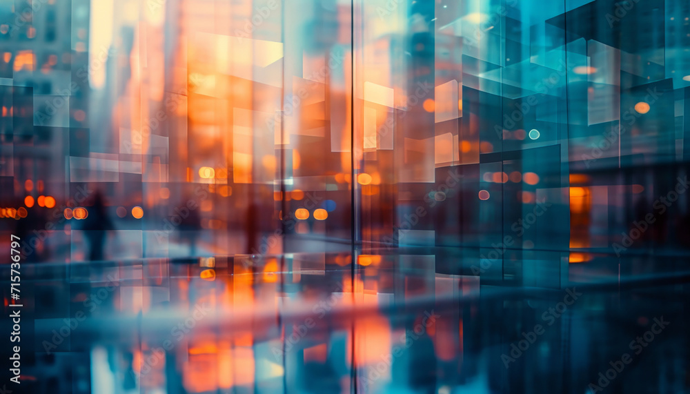 Abstract bokeh, building and blurred architecture background for design, finance and financial business center. Colorful, urban city and glow reflection mockup for investment, economy and wallpaper