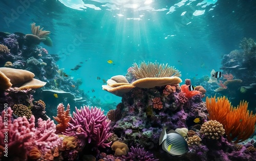 Under the sea life poster. Colorful coral reef underwater with fish and rocks, sun light, POV. Shallow bottom. AI Generative.