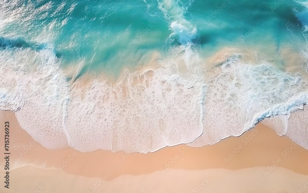 Ocean wave, top view banner. Spectacular drone photo of beach for refreshing and calmness concept. Flat lay poster. AI Generative.