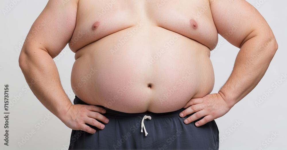 Cropped male protruding belly on grey background Cropped male protruding belly on grey background