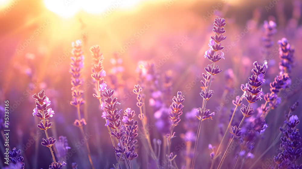 Wide field of lavender in summer sunset, panorama blur background. Autumn or summer lavender background. Shallow depth of field. --ar 16:9 --v 6 Job ID: c9e7e680-9313-4eae-bc8d-e3bd5bdcfd7e - obrazy, fototapety, plakaty 
