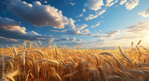 A vibrant and bountiful field of wheat stretches towards the endless blue sky, a picturesque representation of the beauty and abundance found in nature's rich landscape