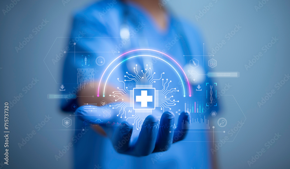 Elevate healthcare with AI technology services.Virtual health care analytics empower medical professionals in the medical revolution. Data analytics enhance patient care and healthcare administration. - obrazy, fototapety, plakaty 