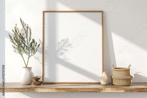 Essential aesthetics come to life: A square empty mock-up poster frame graces a wooden shelf, within a modern living room boasting white walls and carefully curated home  photo