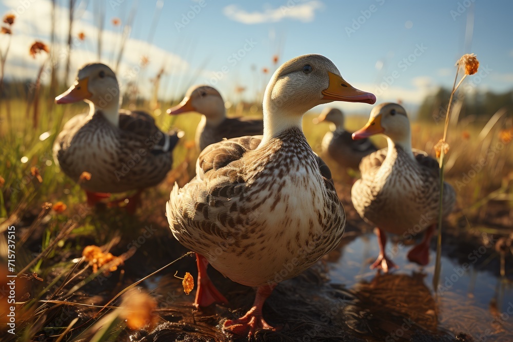 A serene scene of aquatic birds leisurely strolling through the lush green grass, their colorful beaks and graceful movements reflecting in the calm lake under the vast blue sky A serene scene of aquatic birds leisurely strolling through the lush green grass, their colorful beaks and graceful movements reflecting in the calm lake under the vast blue sky