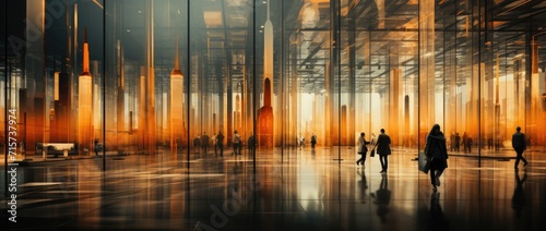 Amidst the bustling city, a group of silhouetted figures traverse through a glass room, their reflections mirroring the illuminated streets and towering skyscrapers, creating an ethereal art piece in