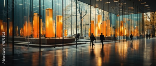 A bustling cityscape is mirrored in the sleek glass walls of a modern building, as people stroll through the luminous interior, surrounded by striking works of art and impeccable architecture