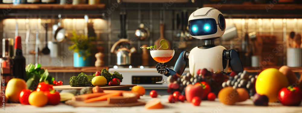 the robot prepares juice from fresh fruits and berries in the kitchen