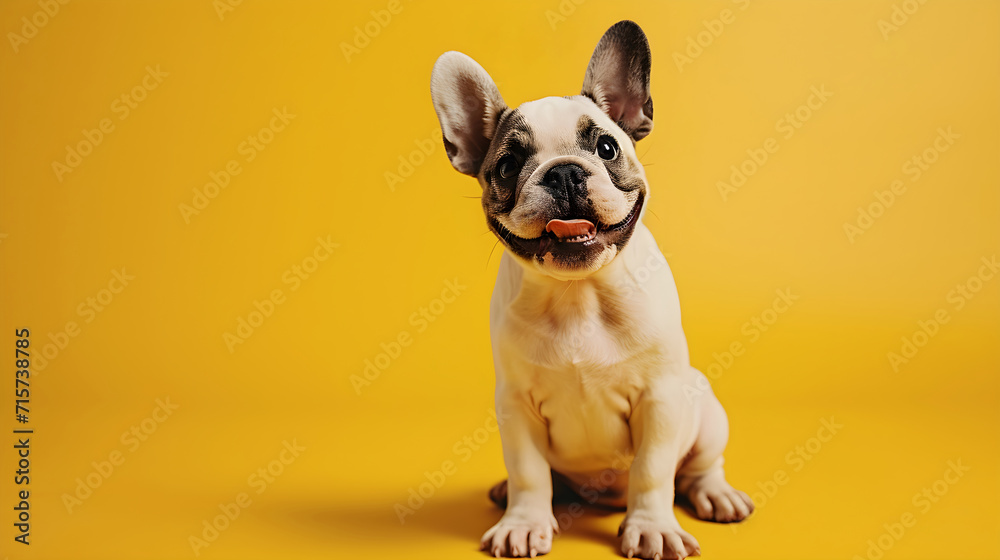 French bulldog isolated on yellow background with copy space. Close up portrait of happy puppy dog sitting on the floor. Banner for pet shop. Pet care and animals concept for ads card print
