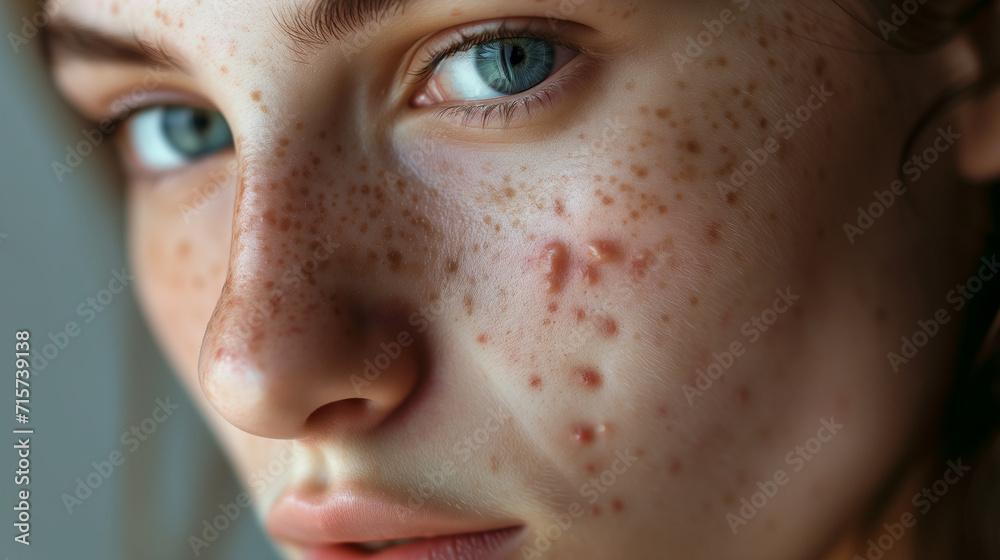 close up of woman's face with acne 