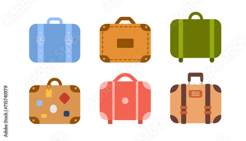 Set of luggage bags for planes, trains for travel. Various kinds of travel luggage. Bag, backpack cabin luggage and check in baggage. Vector illustration in flat design.	