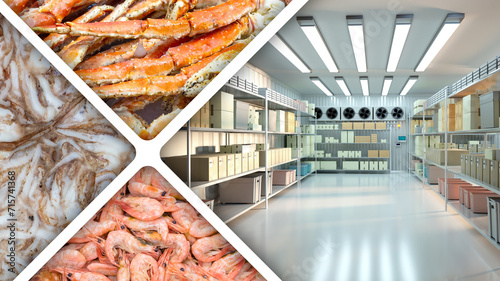 Refrigerated warehouse with seafood. Industrial freezer. Shrimp inside spacious refrigerator. Frozen seafood close-up. Supermarket refrigerated warehouse. Cold chamber for restaurant