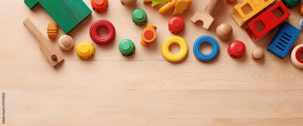 Top view of kids toys frame on wooden background with copy space. Top view of kids toys frame on wooden background with copy space.
