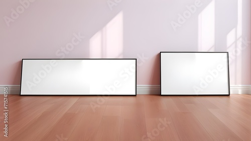 Close up of mockup poster frame leaning against a pink wall