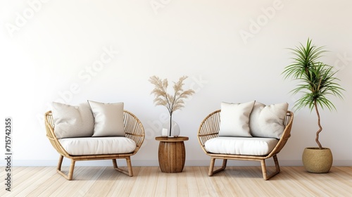 Rattan chairs with white pillows and indoor plants in the minimal living room. Beautiful house interior design concept. Generative AI