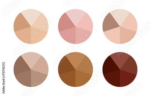 Skin tone set of six group in circle on white background. Skin tan tone with Light pale, pale, brown, tanned, dark brown and black skin tone shades in group circle with names - Vector Art
