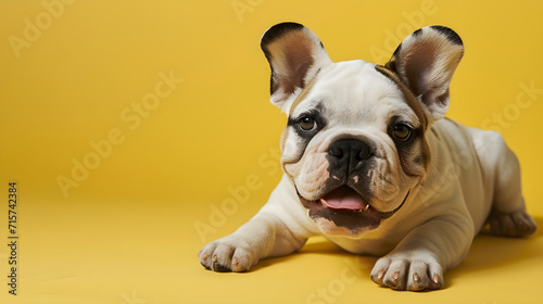 French bulldog isolated on yellow background with copy space. Close up portrait of happy puppy dog lying on the floor. Pet care and animals concept for ads card print. Banner for pet shop. © Irina