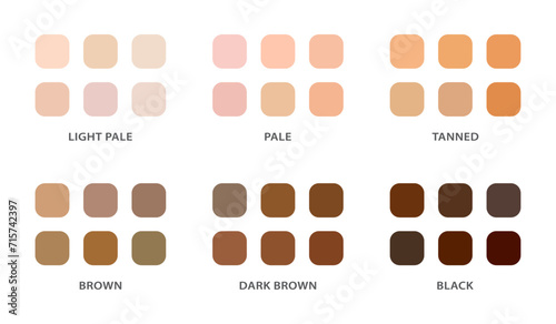 Skin tone set of six group. Skin types rounded square tones with names. Light pale, pale, brown, tanned, dark brown and black skin tone shades - Vector Art