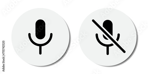 Mic on and mic off icon set in black and white color with shadows. Microphone on and microphone off in black. Microphone mute icon - Vector Icon