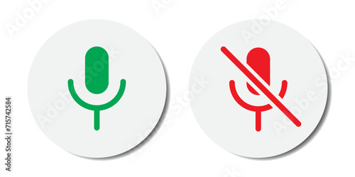 Mic on and mic off icon set in green and red color. Microphone on and microphone off in green and red. Microphone mute icon - Vector Icon