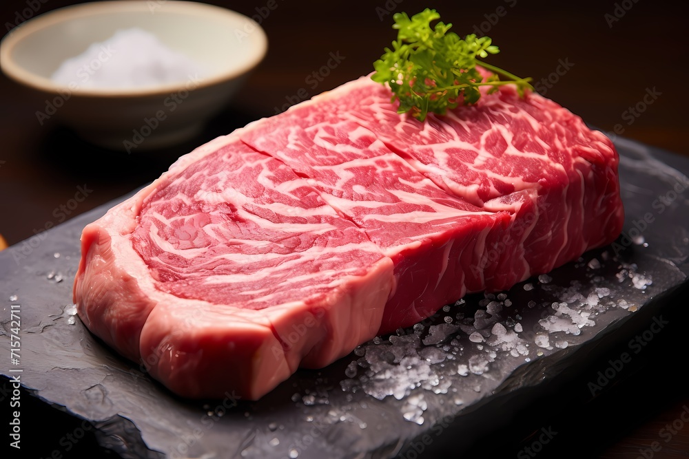 A beautifully marbled Wagyu steak, with its rich, buttery texture and melt-in-your-mouth tenderness.