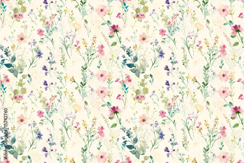 Hand painted watercolor flowers scattered across a vintage paper texture, a romantic and delicate seamless pattern for various designs.