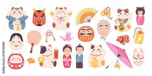 Cartoon japanese symbols. Asian elements, maneki neko cats, mask and traditional umbrella. Japan culture cartoon collection, isolated racy clipart photo
