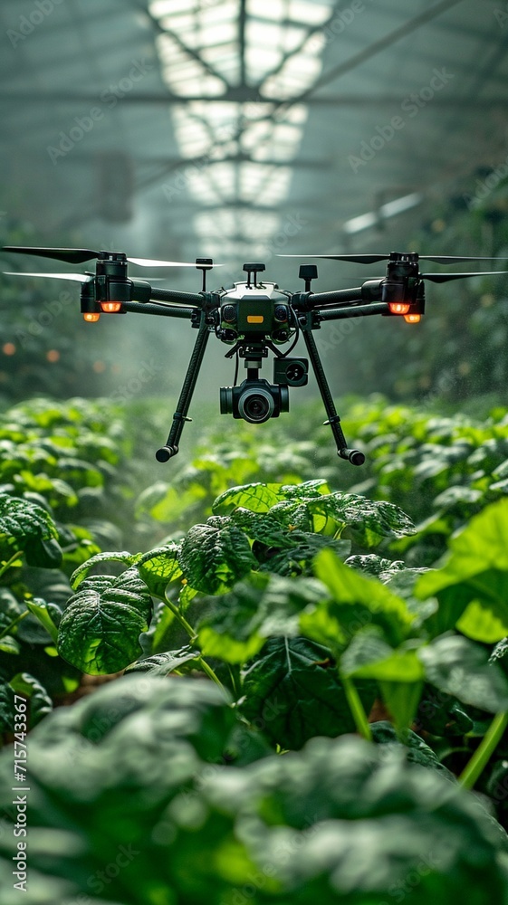 applying fertiliser using a drone to green vegetable plants Farm automation and agriculture technology applying fertiliser using a drone to green vegetable plants Farm automation and agriculture technology