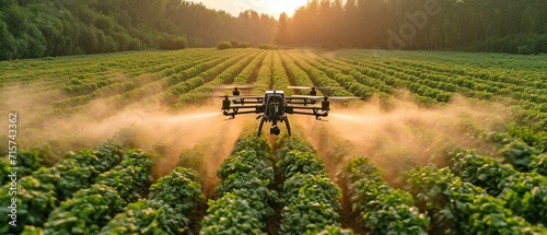 applying fertiliser using a drone to green vegetable plants Farm automation and agriculture technology photo