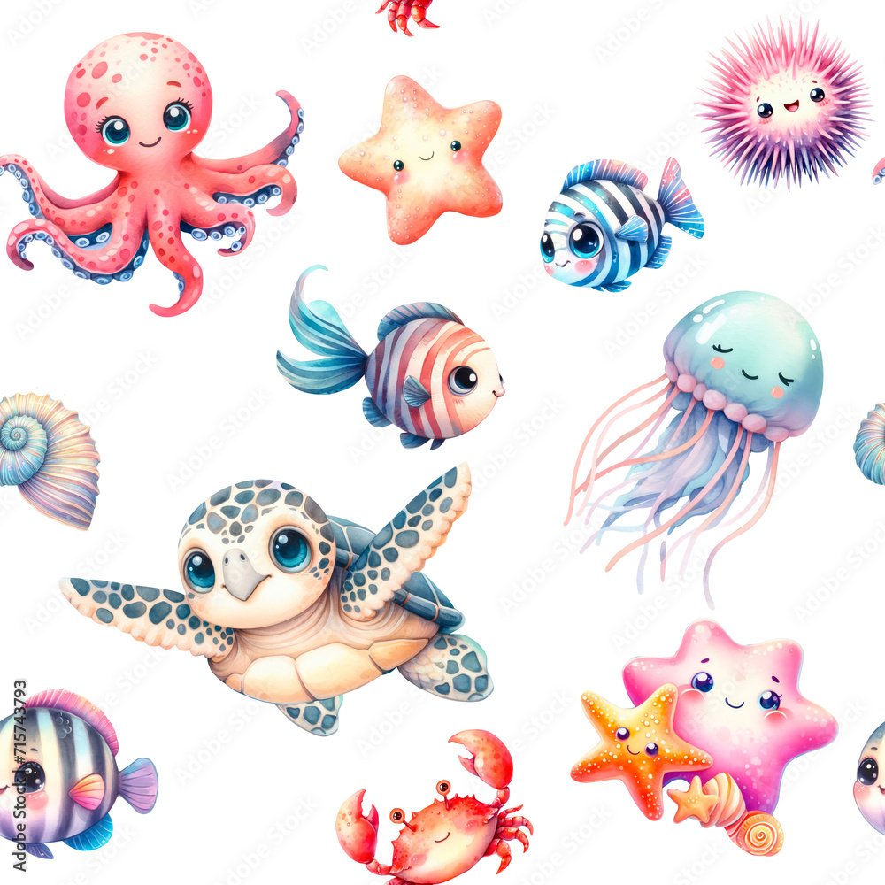 Sea life, sea creatures, seamless pattern. Children's elements set. Watercolor illustration