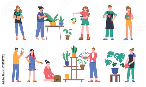 Home gardening hobby. People care about plants in pots. Botanical elements, gardeners and biologists. Adults grow greenery, splendid vector characters