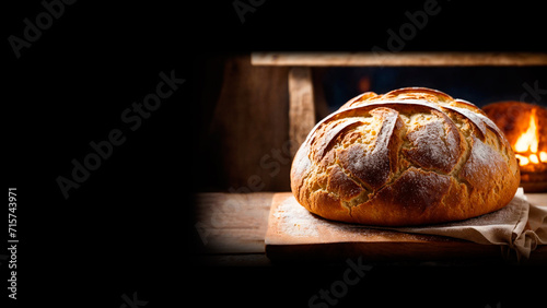 Cuadro en lienzo Freshly baked handmade bread with a golden crust, bakery, a loaf of freshly bake