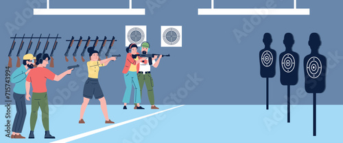 Shooting training in range. People shoot with weapon on special study targets. Police or military check up, self defence exercises, recent vector scene