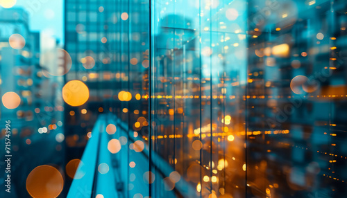 Abstract bokeh, building and blurred architecture background for design, finance and financial business center. Colorful, urban city and glow reflection mockup for investment, economy and wallpaper © MalamboBot/Peopleimages - AI