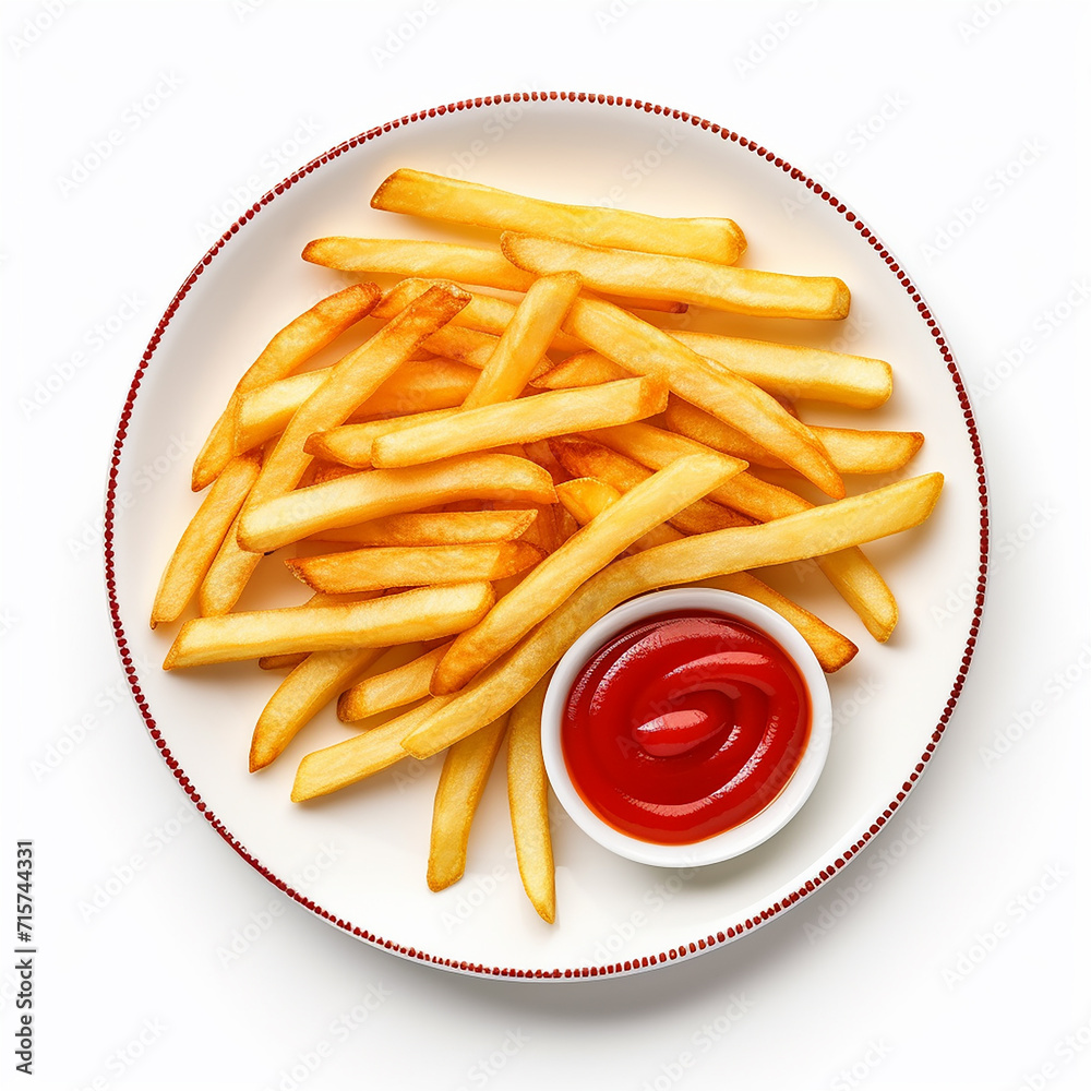 French fries with ketchup plate isolated on a white background French fries with ketchup plate isolated on a white background