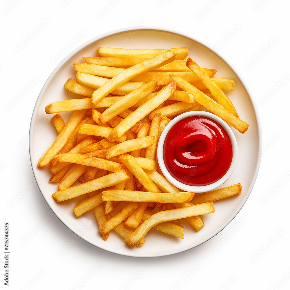 French fries with ketchup plate isolated on a white background French fries with ketchup plate isolated on a white background