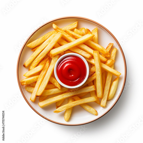 French fries with ketchup plate isolated on a white background