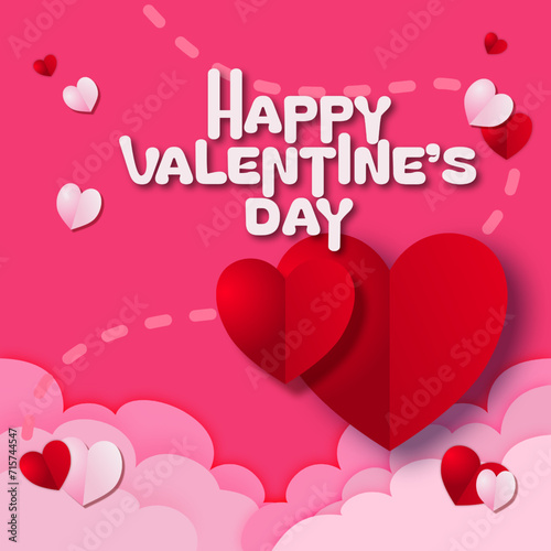 Happy Valentine’s Day card paper cut pink red and white on background dark pink illustration papercut vector